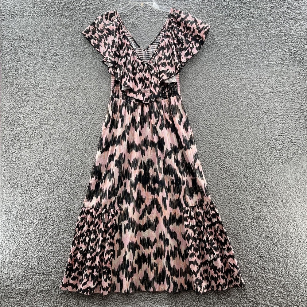 Maria Cher Dress Small Pink Ikat Print Dabir Ruffle Pockets Party Cotton Midi